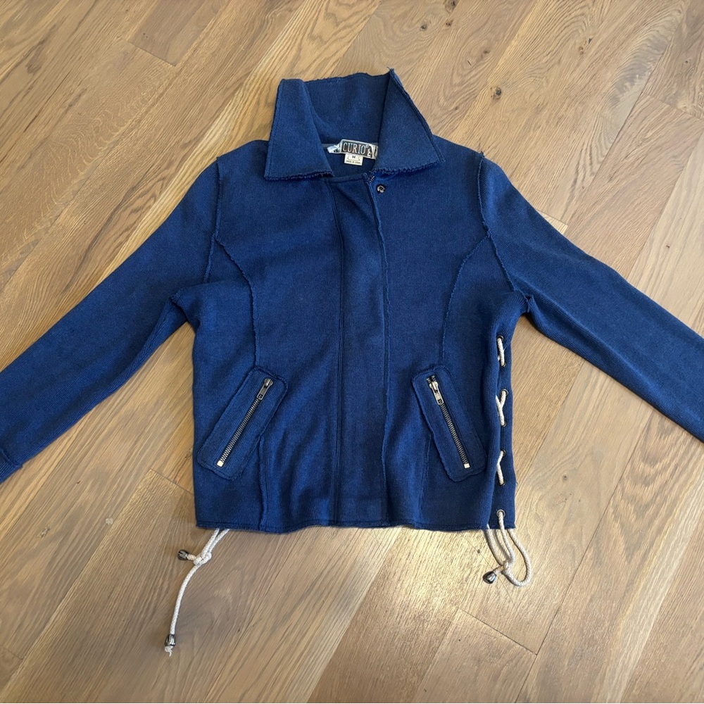 Stylish Blue curio Women's sweater Jacket size M ties on side